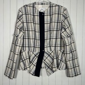 Lewit size XL blazer jacket white blue plaid virgin wool mohair raw edge peplum